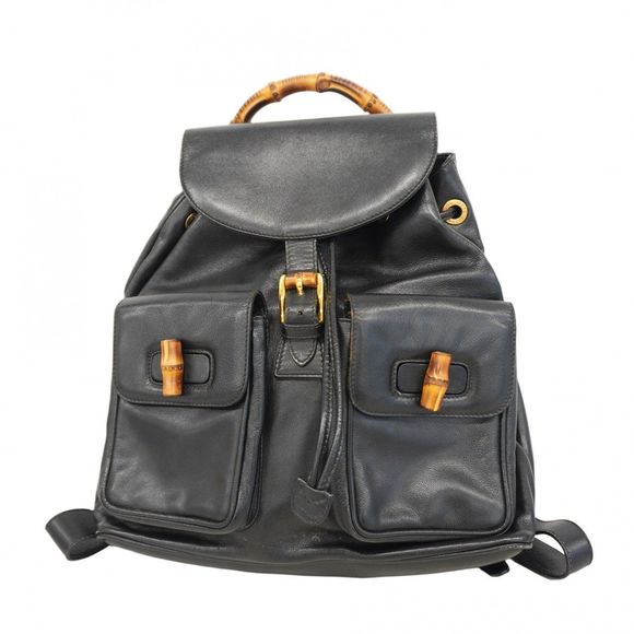 Gucci Backpack/Daypack Bamboo 003 2058 Black Leather with Gold Hardware Pre-owne - Picture 1 of 10